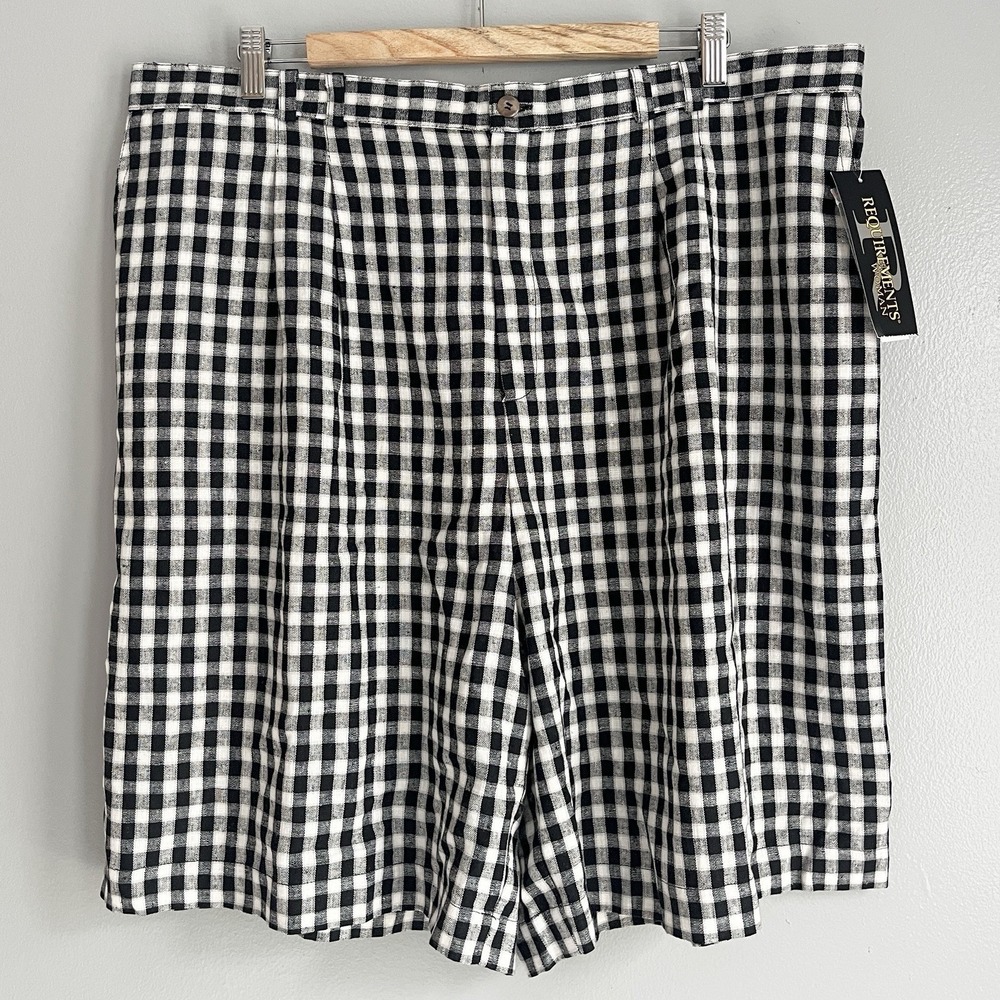 Requirements Gingham Shorts Linen Blend Pleated 9" Bermuda Black White 24W NWT
